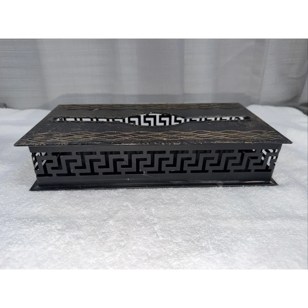 Plymouth Tole Ware Metal Hand Decorated  Black & Gold Wall Tissue Box Cover Long